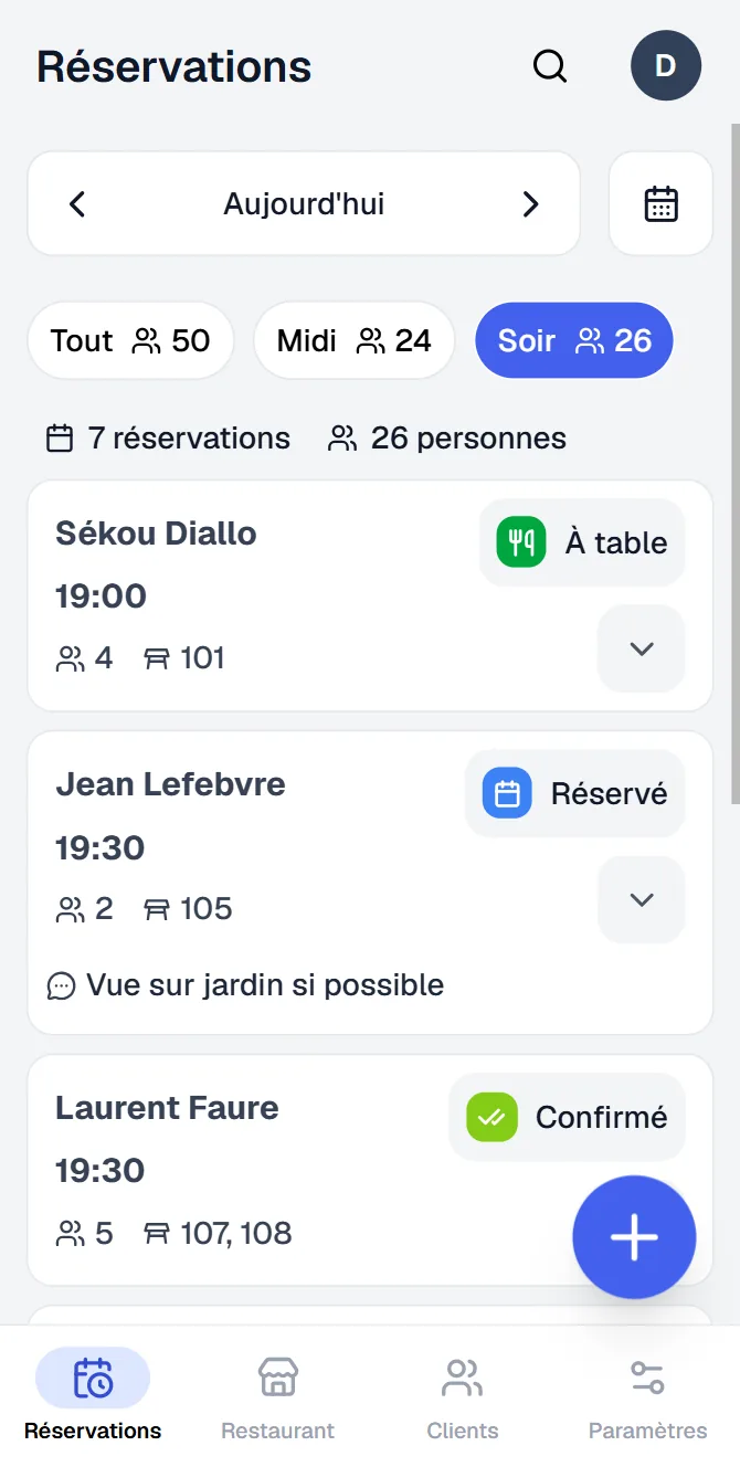 Écran des réservations du jour sur téléphone